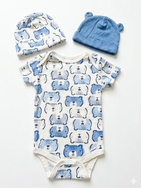 Blue Bear Print Bodysuit & Hat Set - Kids Matching Set